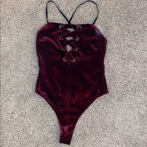 Maroon velvet front lace up bodysuit